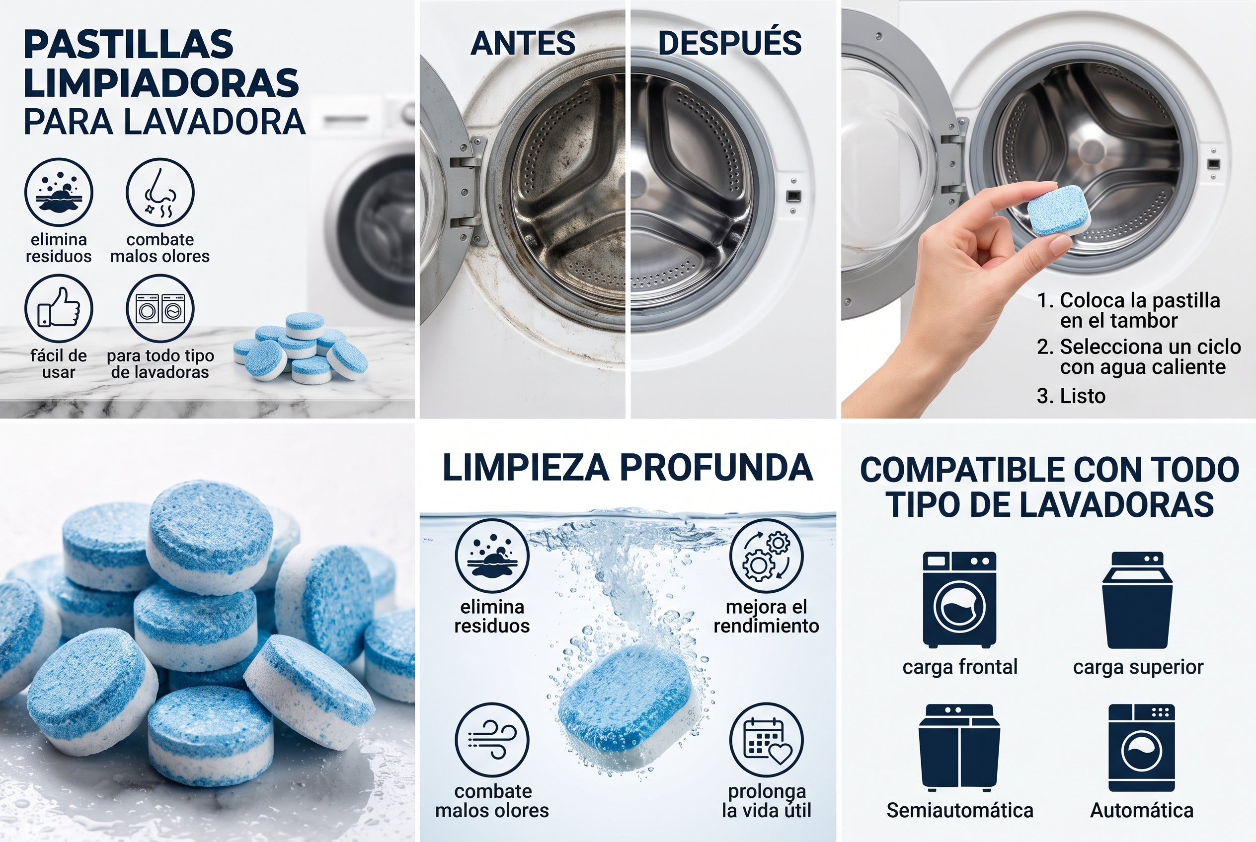 Pastillas Limpia Lavadora — Elimina Sarro y Malos Olores